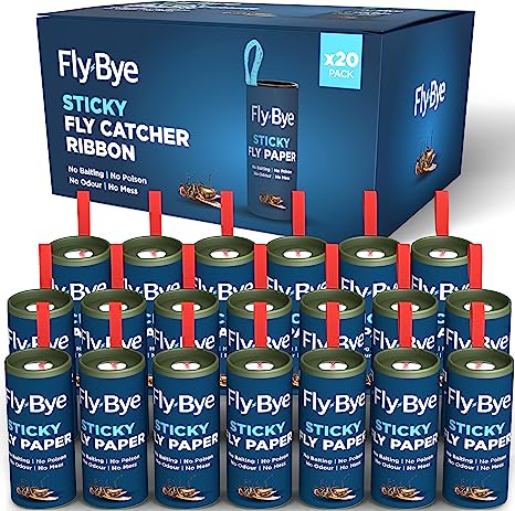 Fly-Bye - 20x Fly Catcher Ribbons - Fly Catcher Indoor - Fly Trap - Fly Paper - Fruit Fly Trap - Sticky Fly Trap - Fly Traps Indoor for Home Use - No Poison/Odour - Environmentally Friendly - 20 Pack