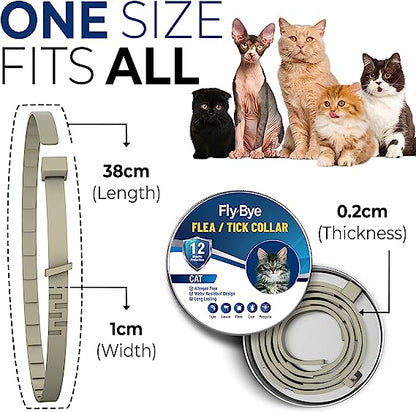 Fly-Bye Flea Collar For Cats - Flea and Tick Treatment - Cat Flea Collars - Tick Collars for Cats - Anti Flea Cat Collar - 12 Months Protection - Adjustable, One Size Fits All - Grey