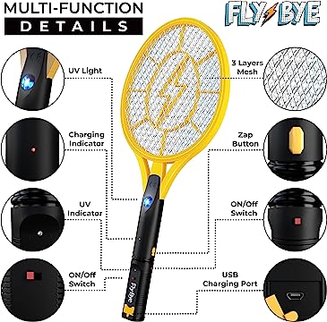 Fly-Bye Electric Fly Swatter (Upgraded 2023 Version) - 4000v Electric Fly Zapper Racket - Electric Fly Killer Racket - Electric Bug Zapper,