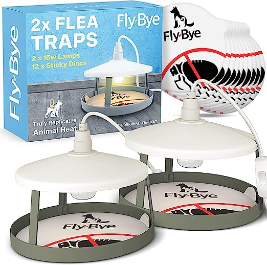 Fly Bye Flea Traps for Home - 2x Flea Lamp Trap w/ 12 Flea Trap Sticky Discs - Flea Killer for Home - Less Hassle than Flea Bombs for the Home - Truly Replicates Animal Body Heat