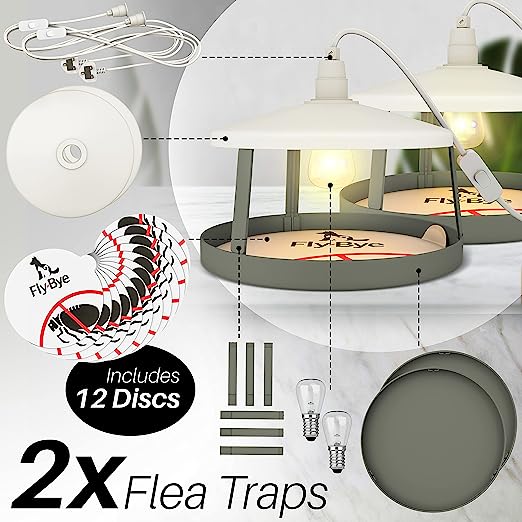 Fly Bye Flea Traps for Home - 2x Flea Lamp Trap w/ 12 Flea Trap Sticky Discs - Flea Killer for Home - Less Hassle than Flea Bombs for the Home - Truly Replicates Animal Body Heat