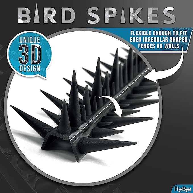 Fly-Bye Anti Bird Spikes - Huge 6m Coverage with 1300 Spikes - Pigeon Deterrent - Wall & Fence Spikes for Cats & Birds - Anti Pigeon Spikes - Upgraded Irregular Pattern Bird Spikes for Pigeons