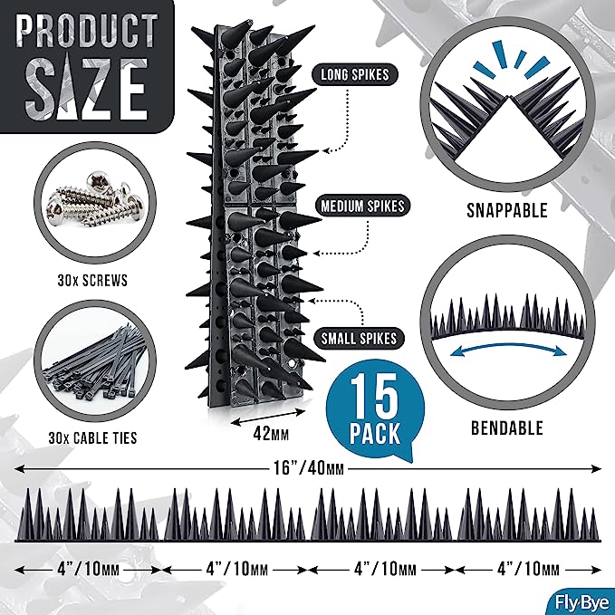 Fly-Bye Anti Bird Spikes - Huge 6m Coverage with 1300 Spikes - Pigeon Deterrent - Wall & Fence Spikes for Cats & Birds - Anti Pigeon Spikes - Upgraded Irregular Pattern Bird Spikes for Pigeons